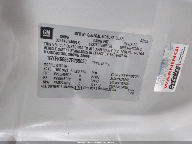 2007 CADILLAC ESCALADE ESV 1GYFK66837R235030 Photo 8