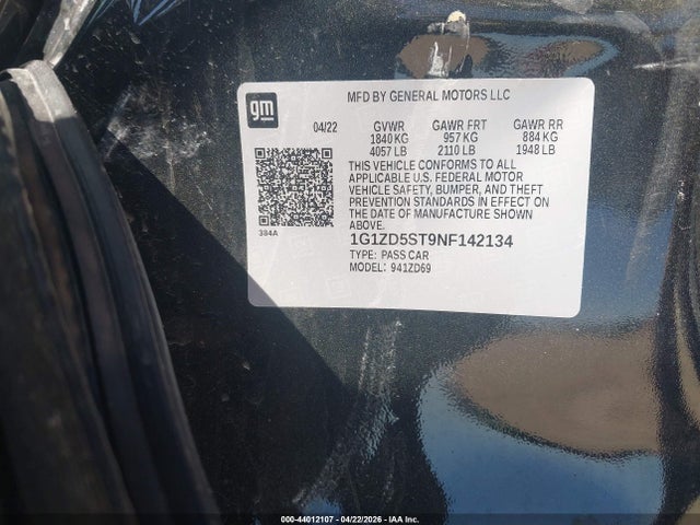 Продажа на аукционе авто 2022 Chevrolet Malibu Fwd Lt, vin: 1G1ZD5ST9NF142134, номер лота: 44012107