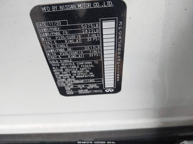 Aukcja sprzedaży 2021 Infiniti Qx50 Luxe Awd, vin: 3PCAJ5BB6MF111883, numer aukcji: 44012116