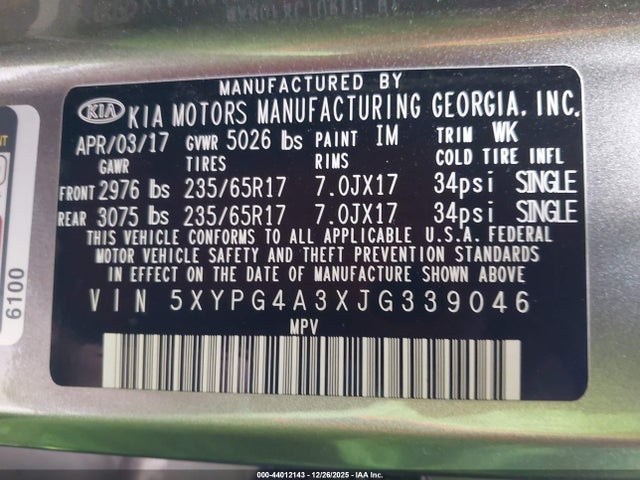 5XYPG4A3XJG339046 KIA Sorento 2.4l L