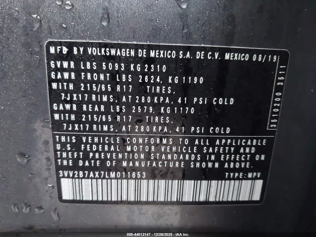 44012147 :رقم المزاد ، 3VV2B7AX7LM011653 vin ، 2020 Volkswagen Tiguan 2.0t Se/2.0t Se R-line Black/2.0t Sel مزاد بيع