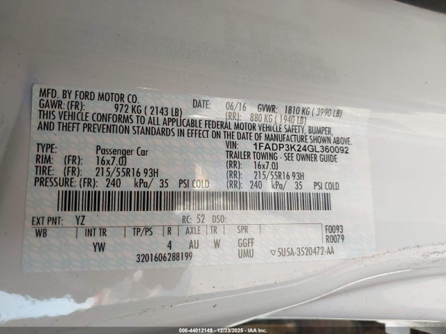 1FADP3K24GL360092 Ford FOCUS SE