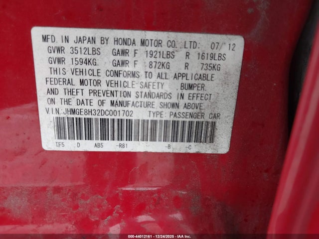 Aukcja sprzedaży 2013 Honda Fit, vin: JHMGE8H32DC001702, numer aukcji: 44012161