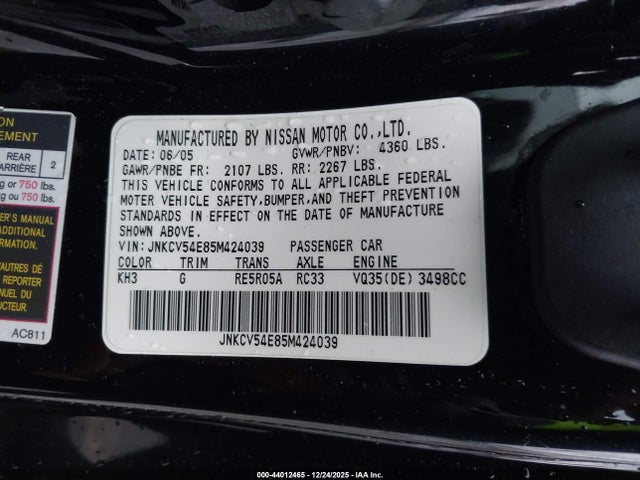 Aukcja sprzedaży 2005 Infiniti G35, vin: JNKCV54E85M424039, numer aukcji: 44012465