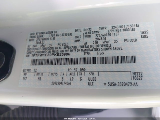 1FTFW1E89PKE25986 Ford F-150 Lariat
