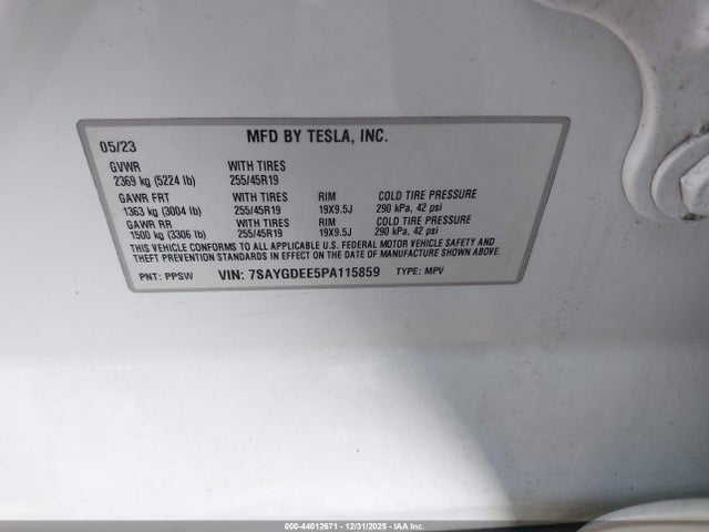 7SAYGDEE5PA115859 Tesla Model Y Awd/long Range Dual Motor All-wheel Drive