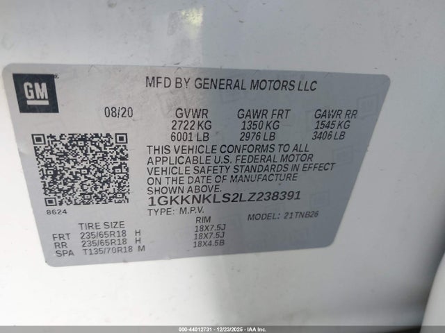 Aukcja sprzedaży 2020 Gmc Acadia Sle, vin: 1GKKNKLS2LZ238391, numer aukcji: 44012731