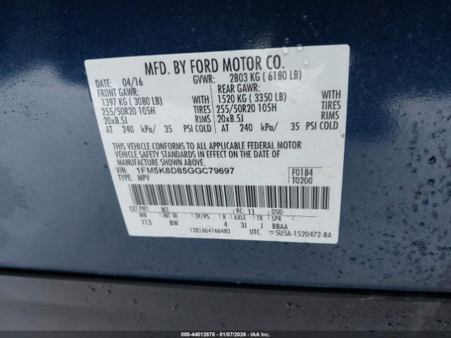 2016 FORD EXPLORER 1FM5K8D85GGC79697 Photo 8