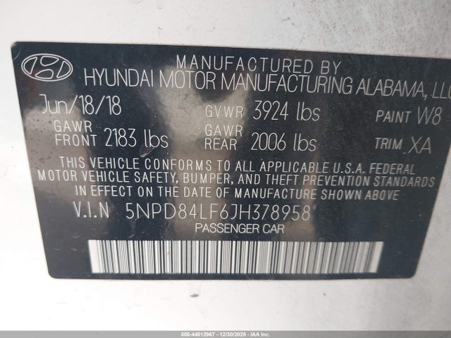 5NPD84LF6JH378958 Hyundai ELANTRA SEL