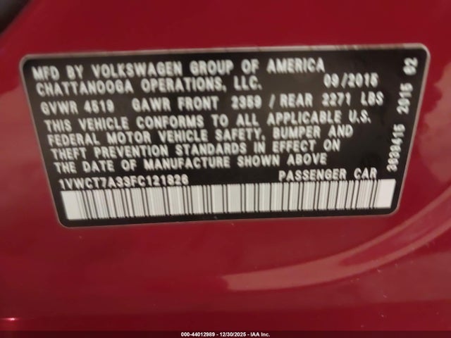 Продаж на аукціоні авто 2015 Volkswagen Passat 1.8t Sel Premium, vin: 1VWCT7A33FC121826, номер лоту: 44012989