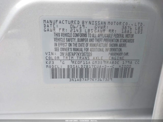Nissan SENTRA SV 2019 3N1AB7AP7KY367329 Image 9