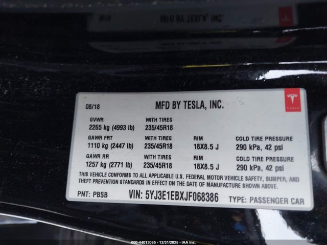 Продаж на аукціоні авто 2018 Tesla Model 3 Long Range/performance, vin: 5YJ3E1EBXJF068386, номер лоту: 44013065