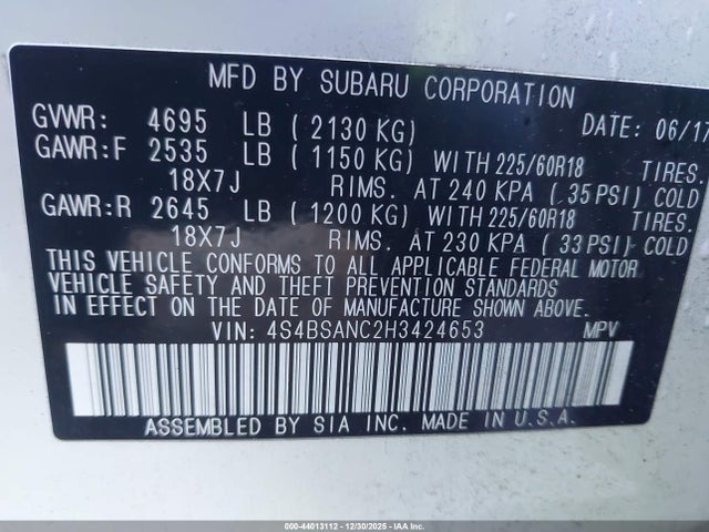 44013112 :رقم المزاد ، 4S4BSANC2H3424653 vin ، 2017 Subaru Outback 2.5i Limited مزاد بيع