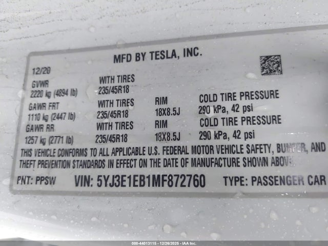 5YJ3E1EB1MF872760 Tesla Model 3 Long Range Dual Motor All-wheel Drive