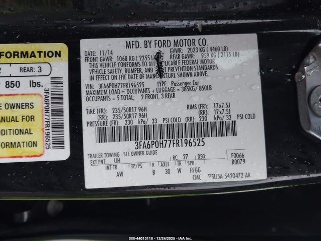 3FA6P0H77FR196525 Ford FUSION SE