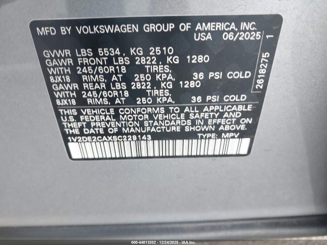 44013202 :رقم المزاد ، 1V2DE2CAXSC229143 vin ، 2025 Volkswagen Atlas Cross Sport 2.0t Se مزاد بيع