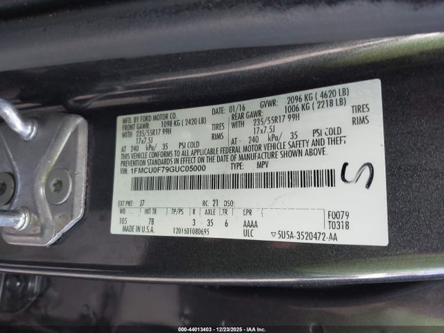 Ford ESCAPE S 2016 1FMCU0F79GUC05000 Image 9