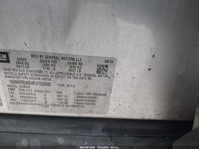 44013448 :رقم المزاد ، 1GNKRGKD4FJ152395 vin ، 2015 Chevrolet Traverse 1lt مزاد بيع