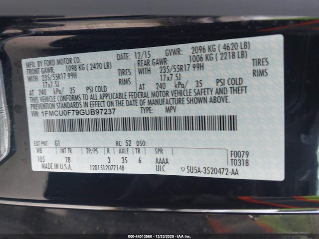 Ford ESCAPE S 2016 1FMCU0F79GUB97237 Image 9