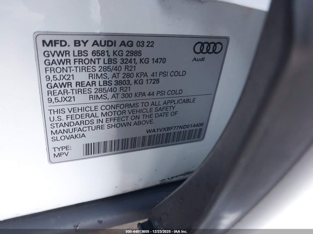 44013605 :رقم المزاد ، WA1VXBF77ND014408 vin ، 2022 Audi Q7 Prestige 55 Tfsi Quattro Tiptronic مزاد بيع