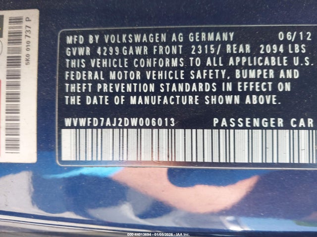 2013 Volkswagen Gti 2-door მანქანა იყიდება აუქციონზე, vin: WVWFD7AJ2DW006013, აუქციონის ნომერი: 44013694