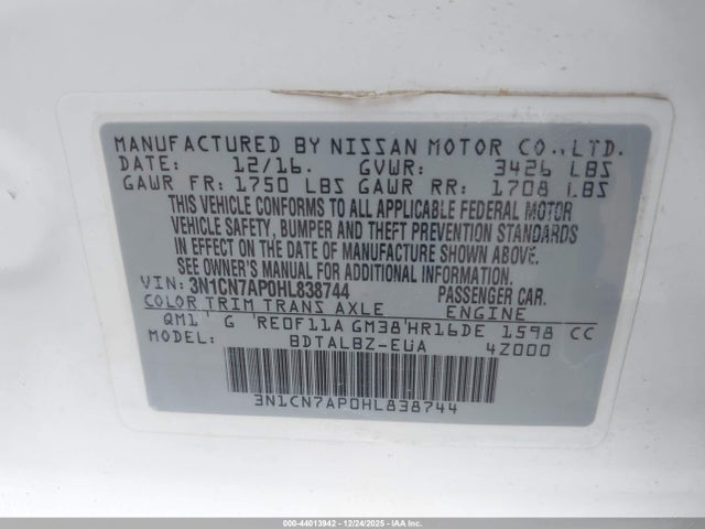 3N1CN7AP0HL838744 Nissan Versa 1.6 Sv