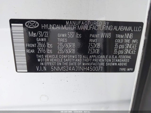 44013968 :رقم المزاد ، 5NMS24AJ1NH450071 vin ، 2022 Hyundai Santa Fe Sel مزاد بيع