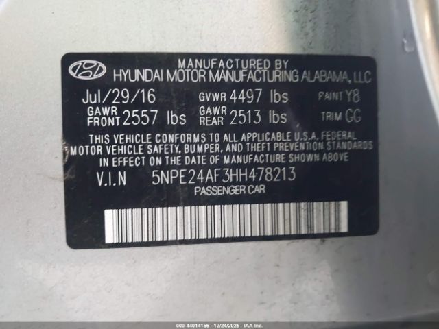 2017 HYUNDAI SONATA 5NPE24AF3HH478213 Photo 8