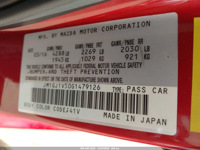2016 Mazda Mazda6 I Touring მანქანა იყიდება აუქციონზე, vin: JM1GJ1V50G1479126, აუქციონის ნომერი: 44014228