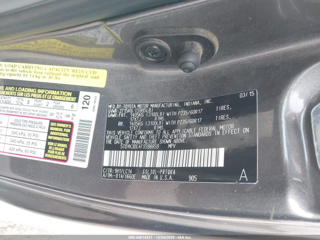 Auction sale of the 2015 Toyota Sienna Xle 8 Passenger, vin: 5TDYK3DC4FS598859, lot number: 44014321