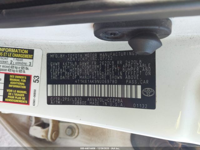 2022 TOYOTA CAMRY 4T1K61AK9NU069780 Photo 8