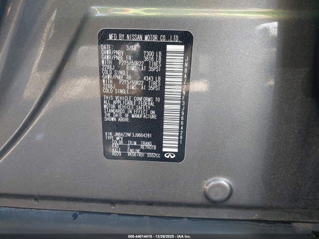 44014418 :رقم المزاد ، JN8AZ2NF3J9664281 vin ، 2018 Infiniti Qx80 مزاد بيع