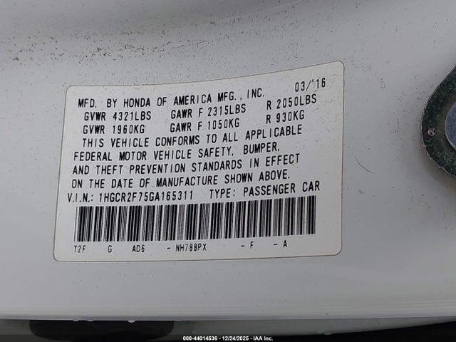1HGCR2F75GA165311 Honda ACCORD EX