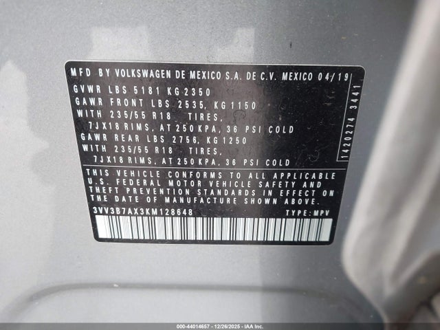 Продажа на аукционе авто 2019 Volkswagen Tiguan 2.0t Se/2.0t Sel/2.0t Sel R-line/2.0t Sel R-line Black, vin: 3VV3B7AX3KM128648, номер лота: 44014657
