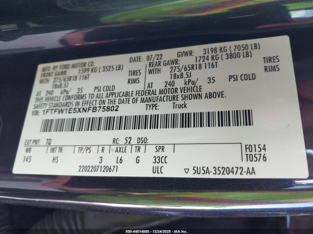 Ford F-150 Lariat 2022 1FTFW1E5XNFB75802 Image 9