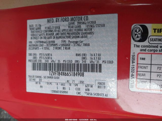 2006 FORD MUSTANG 1ZVFT84N665184908 Photo 8