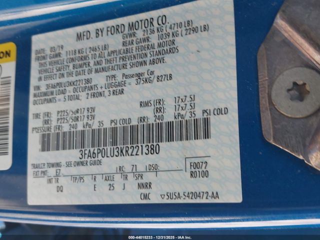 2019 FORD FUSION HYBRID 3FA6P0LU3KR221380 Photo 8