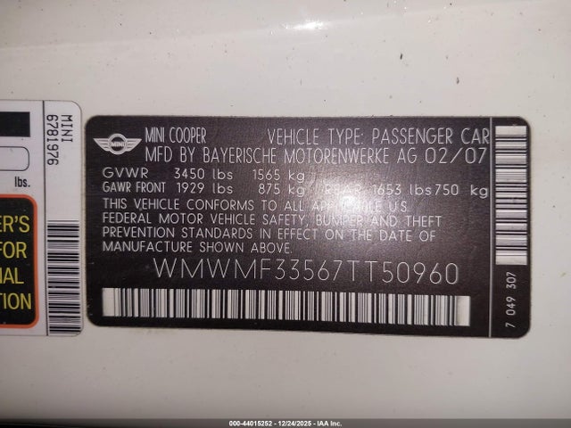 2007 MINI COOPER WMWMF33567TT50960 Photo 8