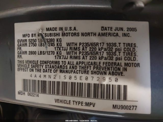 2005 MITSUBISHI ENDEAVOR 4A4MN21S05E072950 Photo 8