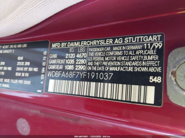 2000 MERCEDES-BENZ SL 500 WDBFA68F7YF191037 Photo 8