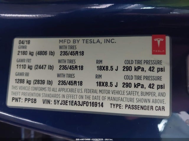 Продаж на аукціоні авто 2018 Tesla Model 3 Long Range/mid Range, vin: 5YJ3E1EA3JF016914, номер лоту: 44015466
