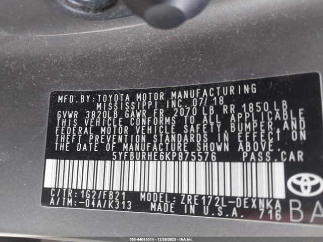 Aukcja sprzedaży 2019 Toyota Corolla Le, vin: 5YFBURHE6KP875576, numer aukcji: 44015514