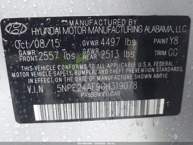 5NPE24AF9GH319078 Hyundai SONATA SE