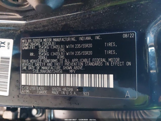 5TDLZRAH3NS134856 Toyota Highlander Xse