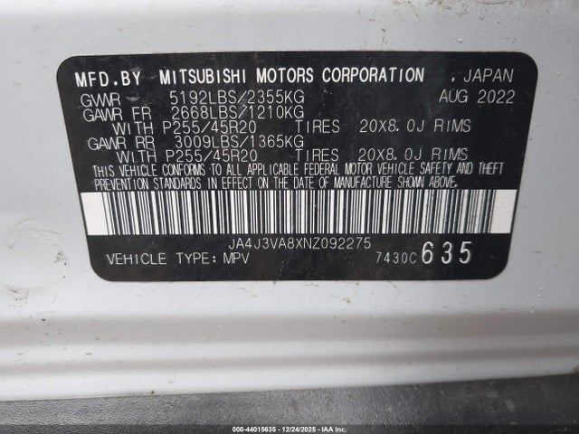 2022 MITSUBISHI OUTLANDER JA4J3VA8XNZ092275 Photo 8