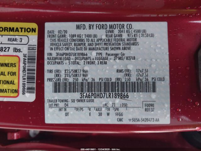 2020 FORD FUSION 3FA6P0HD7LR189866 Photo 8
