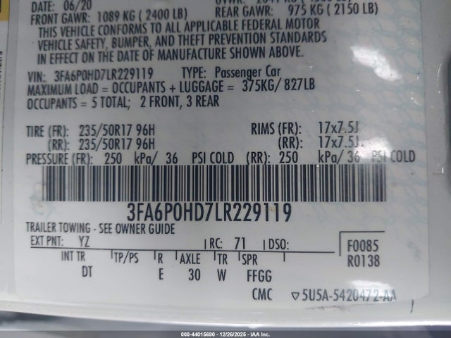 Ford FUSION SE 2020 3FA6P0HD7LR229119 Image 9