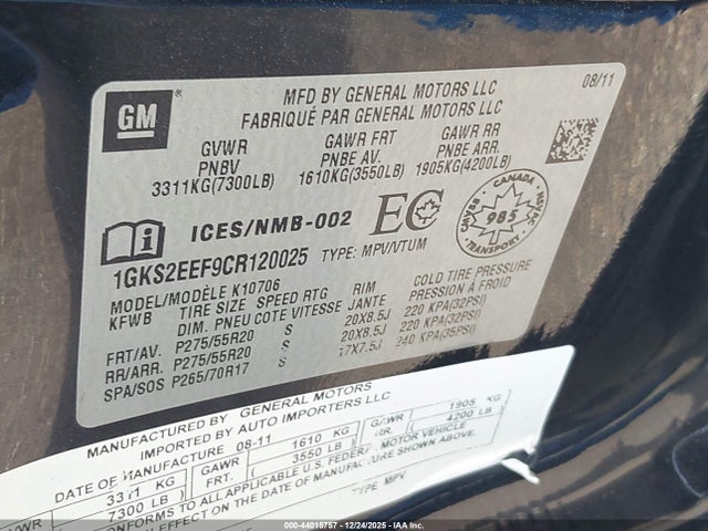 Aukcja sprzedaży 2012 Gmc Yukon Denali, vin: 1GKS2EEF9CR120025, numer aukcji: 44015757
