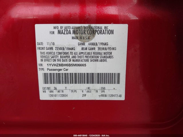 Aukcja sprzedaży 2011 Mazda Mazda6, vin: 1YVHZ8BH6B5M06665, numer aukcji: 44015845