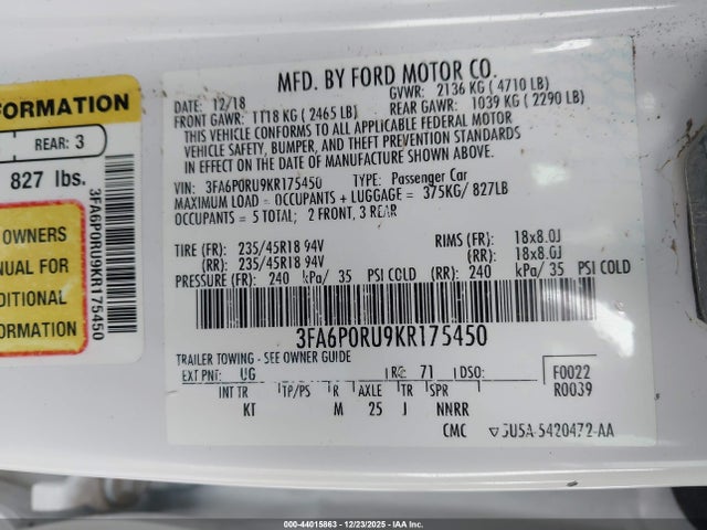 3FA6P0RU9KR175450 Ford Fusion Hybrid Titanium